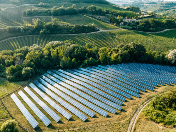 Aerial view of a solar farm in the countryside