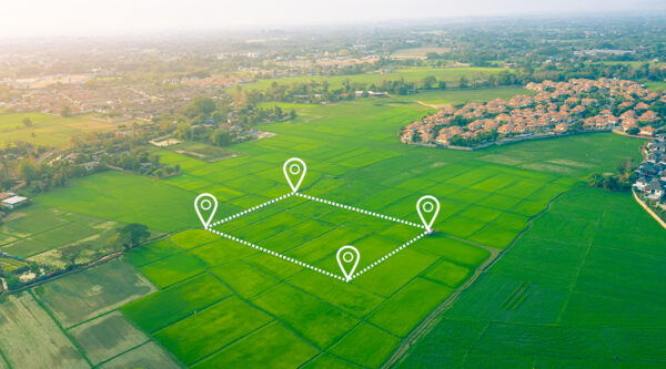 Image of a field from above with a region mapped out in 3d