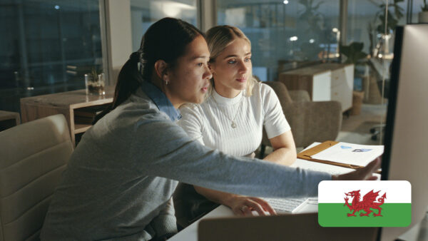 Picture of two people using a computer with Welsh Flag