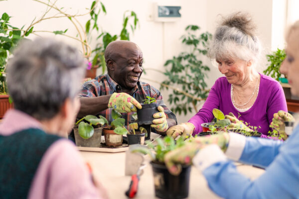 Care home residents doing an activity by potting plants.