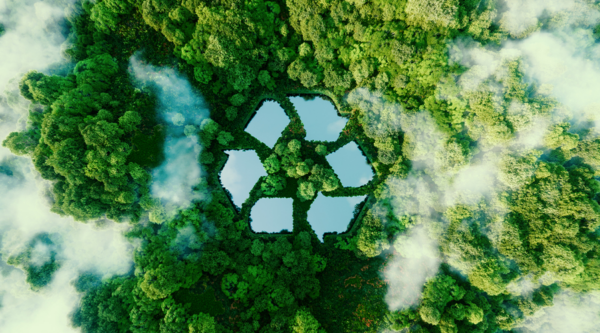 a stylised recycling logo over trees