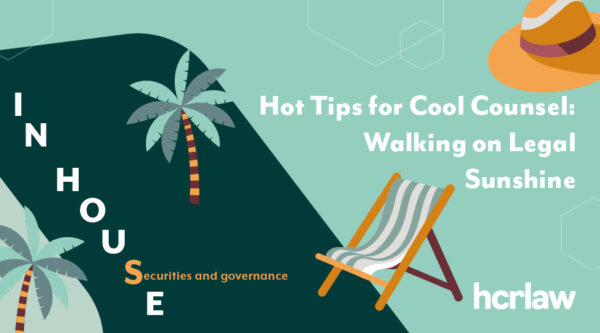 Summer-themed graphic with palm trees, sun hat and beach chair. Text: “Hot Tips for Cool Counsel: Walking on Legal Sunshine.”