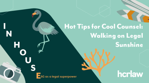 Summer-themed graphic with surfboard, camera, coral and flamingo. Text: “Hot Tips for Cool Counsel: Walking on Legal Sunshine.”