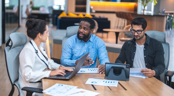 A group of employees having a meeting