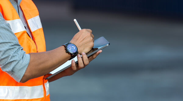 A safety marshal checking their log