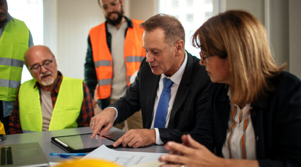 Builders and directors in a meeting room