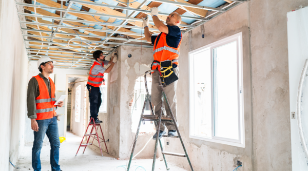 Construction workers building a house