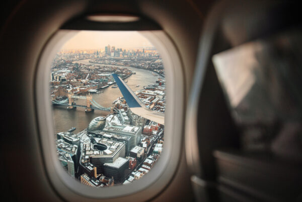 An image from an airplane window showing London from above