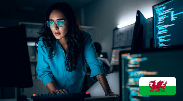n individual working at a computer in a dimly lit office with multiple monitors displaying lines of code, suggesting activity related to data security or cyber law