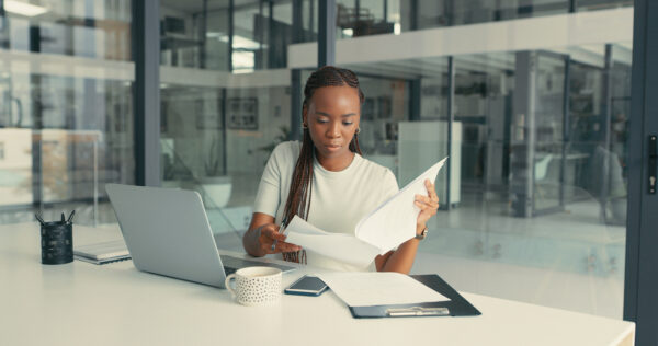 A woman at a desk