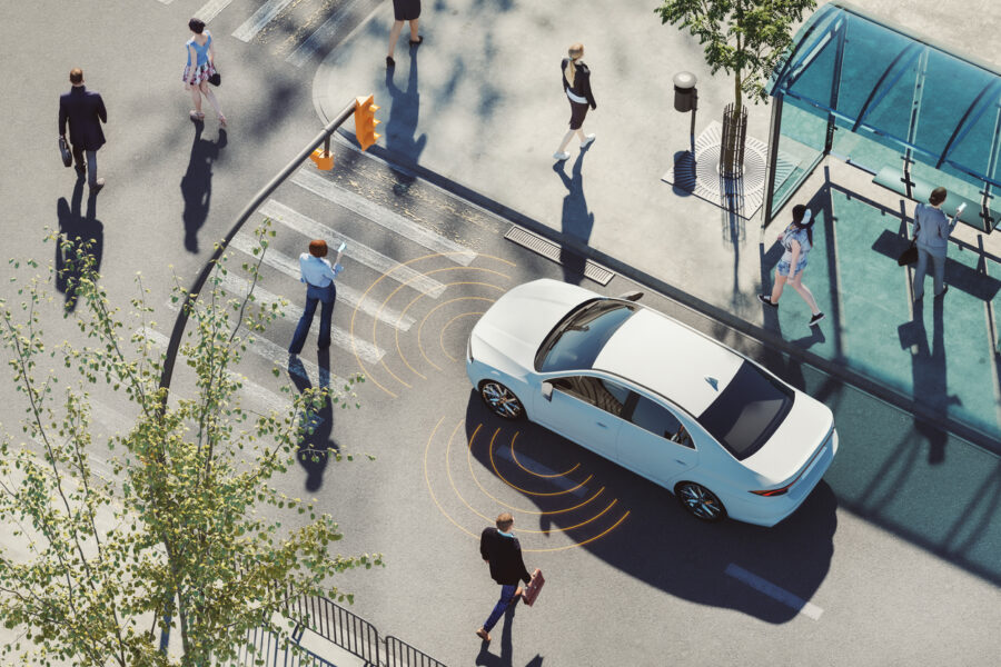 Driverless car navigating a road