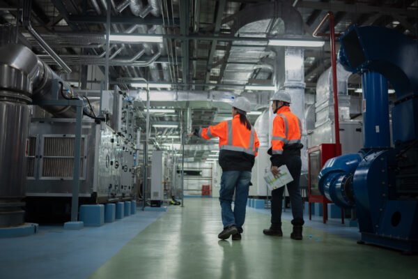 Two workers viewing technology infrastructure