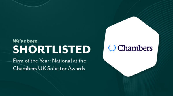 Shortlist announcement graphic stating: “We’ve been shortlisted – Firm of the Year: National at the Chambers UK Solicitor Awards,” with Chambers logo.