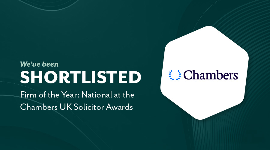 Shortlist announcement graphic stating: “We’ve been shortlisted – Firm of the Year: National at the Chambers UK Solicitor Awards,” with Chambers logo.