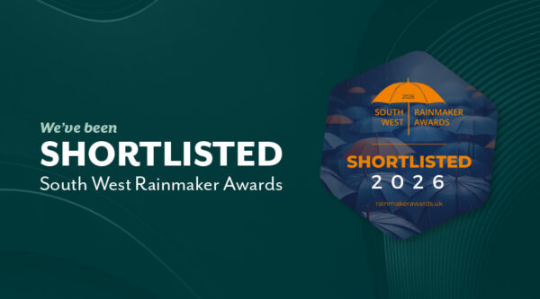 Graphic announcing HCR Law has been shortlisted for the South West Rainmaker Awards 2026, with awards logo on a teal background.