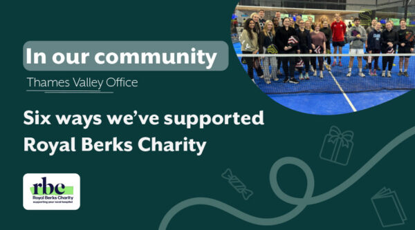 Graphic for HCR Law’s Thames Valley office community update, showing colleagues at a padel court and text about six ways they supported Royal Berks Charity.