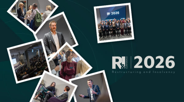 Promotional collage for the R&I Conference 2026, featuring photographs of speakers, panel discussions, networking and a large audience, alongside the event title “R&I Conference 2026: Restructuring and Insolvency” on a dark teal background.