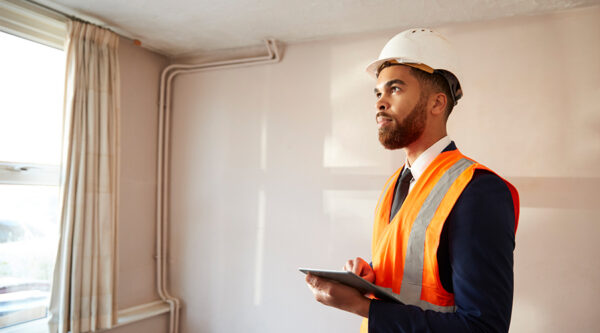 Housing professional wearing a hard hat and high-visibility vest inspecting a property with a tablet.