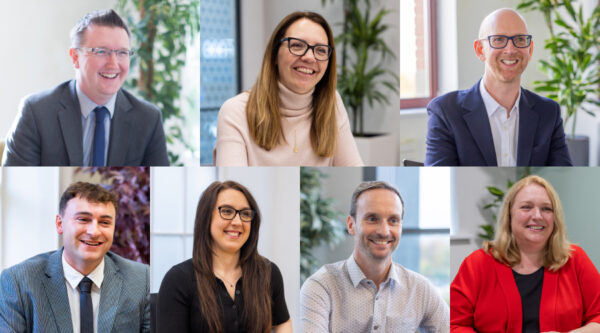 Collage of seven Technology and Innovation team members photographed in bright office settings.