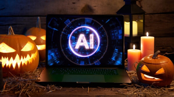 A laptop with AI on it surrounded by pumpkins
