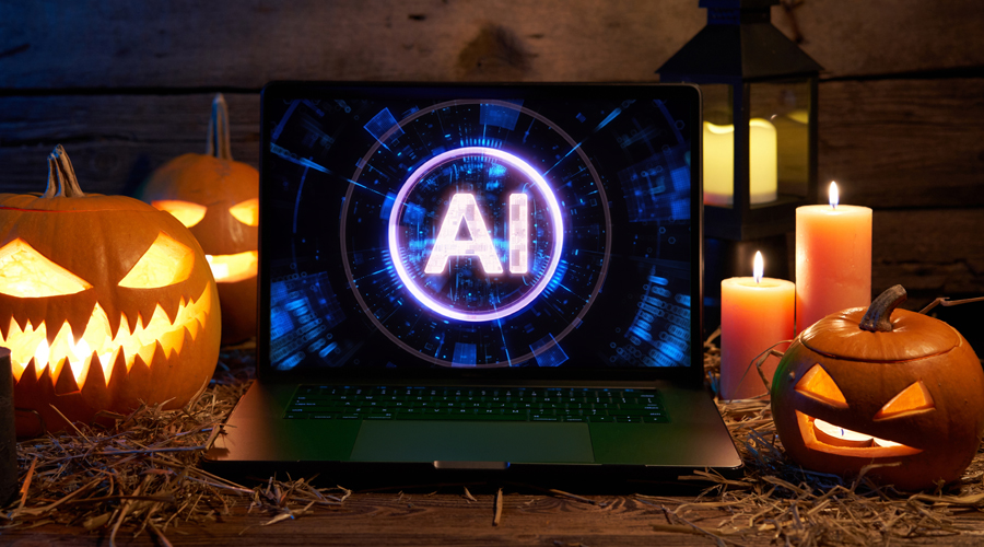 A laptop with AI on it surrounded by pumpkins