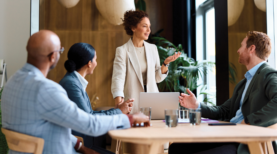 Business professionals discussing shareholder matters around a conference table during a meeting.