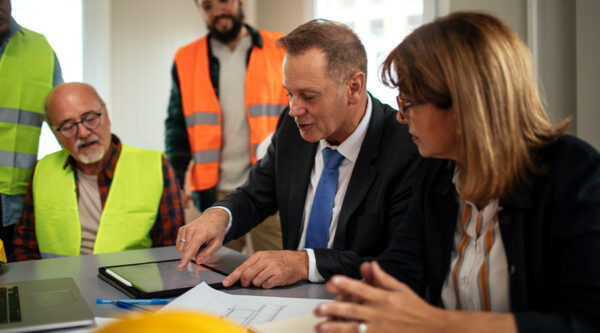Construction professionals review project plans and payment details on a tablet during a meeting.