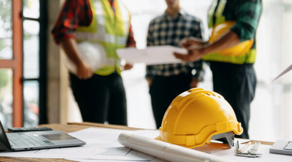 Construction professionals in high-visibility vests reviewing plans, with a yellow hard hat and rolled drawings on a desk.